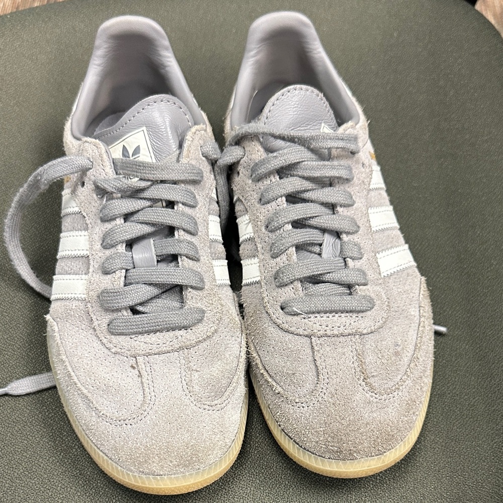adidas Grey Samba Sneakers with White Stripes and Gum Sole
